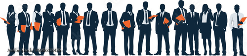Professional business team silhouettes group illustration of corporate people in formal attire holding documents, teamwork collaboration concept vector design.