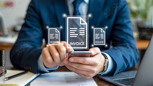 Man holding smartphone with digital invoice icons and financial documents billing finance
