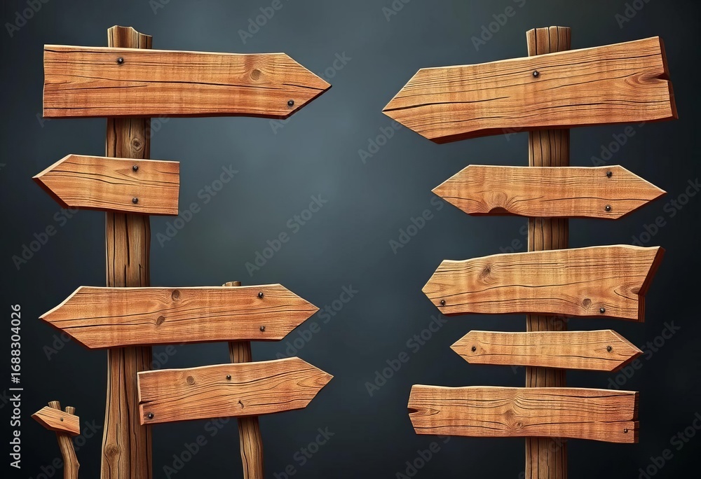 Fototapeta premium Rustic wooden banner signposts, various shapes & sizes, aged texture, vector illustration, banner design, wood panel
