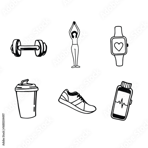 A set of hand-drawn icons representing fitness, exercise, and a healthy lifestyle.
