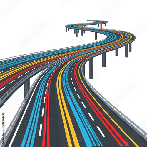 Pixel Art of Elevated Highway with Colorful Light Trails on White Background Transportation Concept