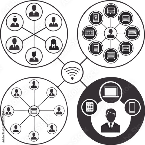 Black and White Icons Set for Network Systems, Users, and Device Connections