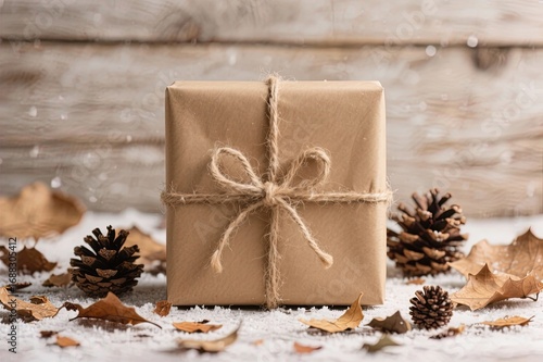 Rustic Christmas gift box wrapped in kraft paper with twine, placed on snowy surface with pine cones, dry leaves and wooden background, creating natural winter holiday, eco friendly festive atmosphere