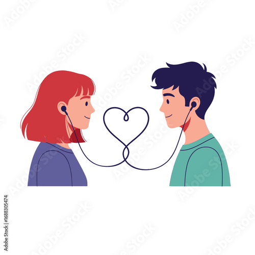 Young Couple with Red and Dark Hair Sharing Earphones Forming Heart Shape on White Background for Affectionate Bonding Concept