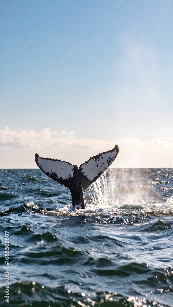 Fototapeta premium Whale tail emerging from ocean