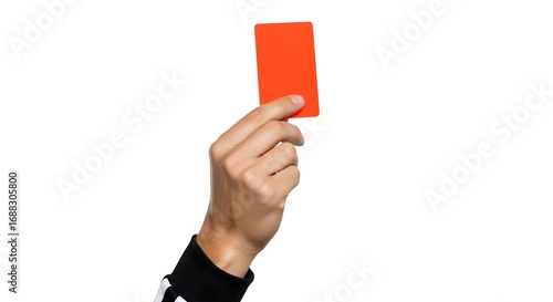 Referee's Hand Holding Up a Red Card, Signaling Penalty or Disqualification in Sports, Isolated on White Background