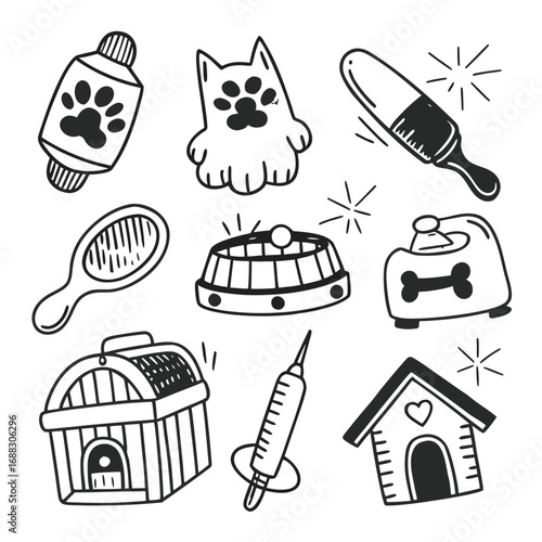 A collection of hand-drawn pet care icons in a doodle style, featuring a carrier, food bowl, brush, and syringe.