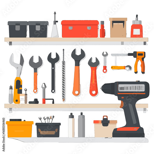 Workshop Scene Featuring Two Shelves Filled with Various Tools and Supplies in Orange and Gray on a White Background