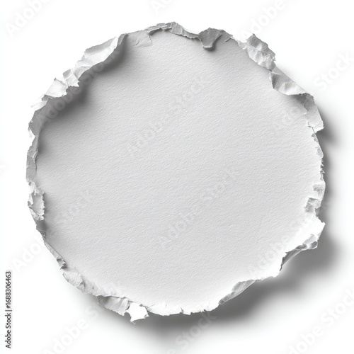 Circular hole punched through white paper, ragged edges (1)
