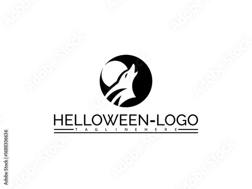 Happy halloween logo. Black wolf howling at the moon logo on white background with text HELOWEN- LOGO night animal