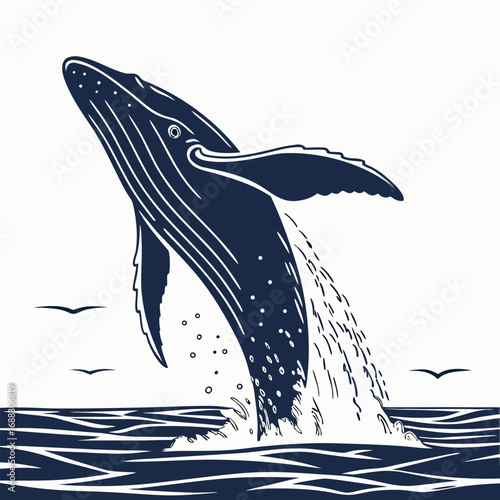 Stylized illustration of a majestic humpback whale breaching from the ocean waves with birds flying nearby.
