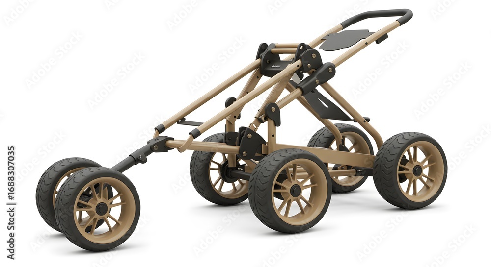 Fototapeta premium Robust All-Terrain Baby Stroller Frame in Tan with Large Wheels and Modern Design, Isolated Product Shot on White Background