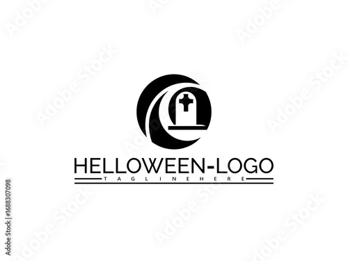 Happy halloween logo. Halloween logo with tombstone and crescent moon on white background grave cemetery