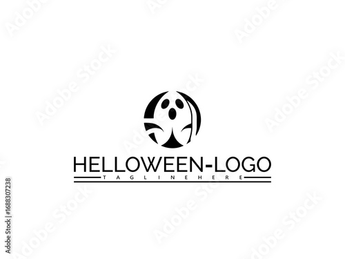 Happy halloween logo. Black ghost logo with text HELOWEN- LOGO and TAGLINEHERE on white background halloween