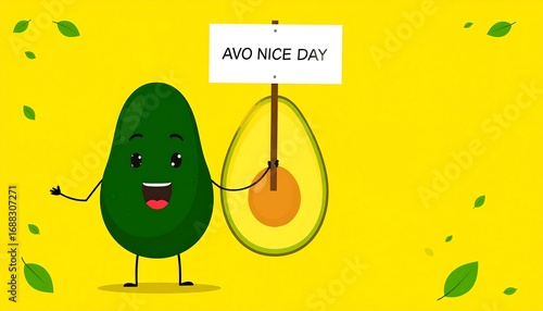 Cute avocado character holding a sign that says 
