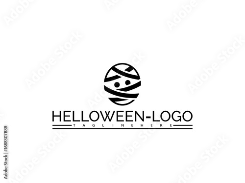 Happy halloween logo. Halloween mummy face logo with text HELOWEN- LOGO and TAGLINEHERE character