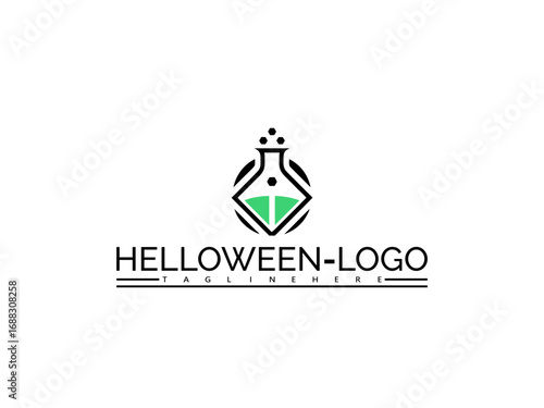 Halloween science beaker logo with potion inside on white background Keywords: halloween, logo, science, beaker, potion, liquid, experiment, spooky, scary, october, holiday, celebration, design