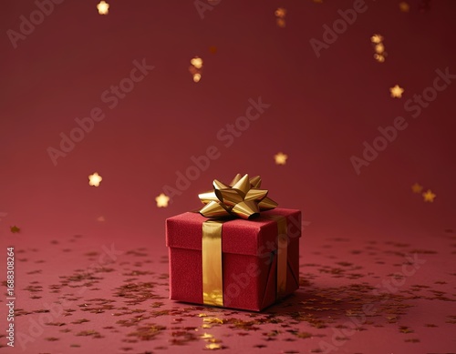 Christmas holiday gift box wrapped in red paper with golden ribbon and bow, surrounded by snow and sparkling star confetti. Festive winter decoration with elegant seasonal celebration mood.