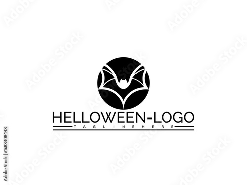 Happy halloween logo. Black Bat Silhouette Logo with Text HELOWEN- LOGO and Tagline Here halloween symbol