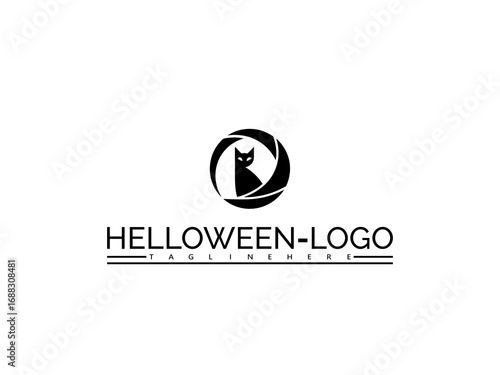 Happy halloween logo. Black cat silhouette within a camera lens aperture with text HELOWEN- LOGO below halloween logo
