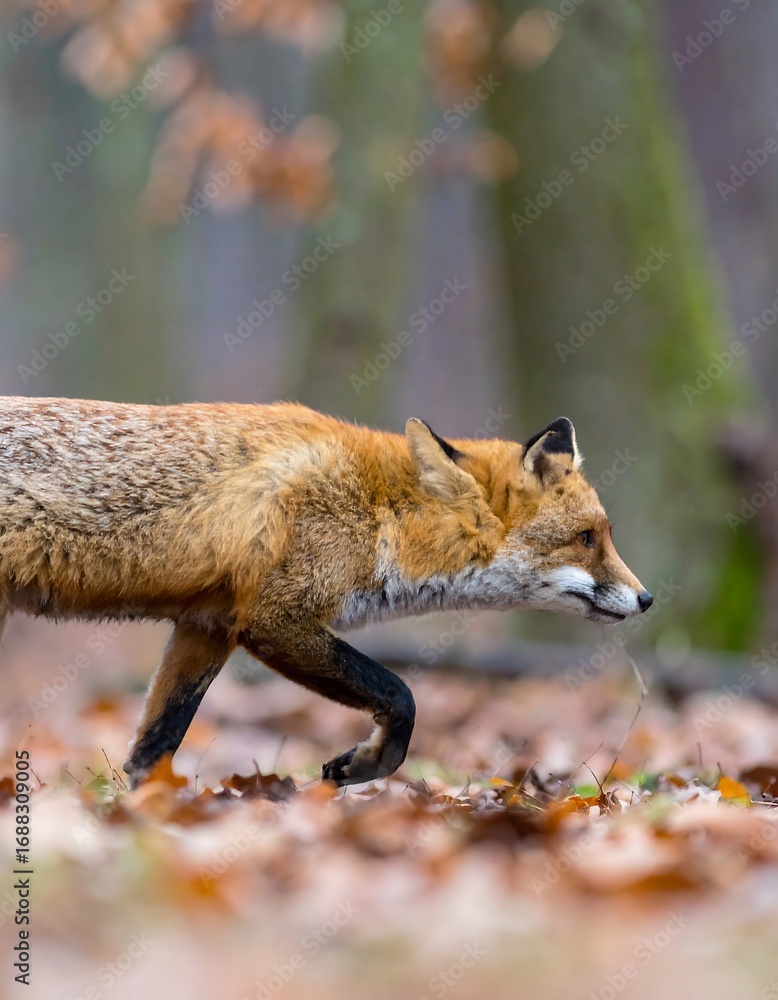 Fototapeta premium Fox walking in autumn forest