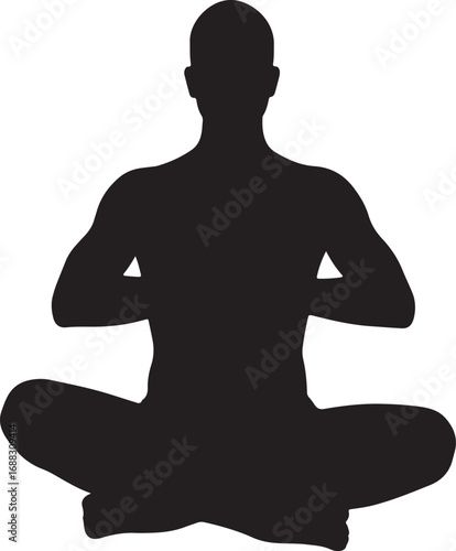 Black vector silhouette of a man sitting in a lotus pose with hands behind his back in a yoga meditation