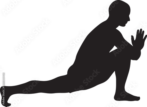A dynamic silhouette of a man in the Revolved Side Angle yoga pose, representing core strength, balance, and a mindful workout on a clean white background