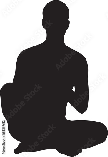 A black silhouette of a man sitting in a comfortable cross-legged meditation pose, with hands resting on his knees