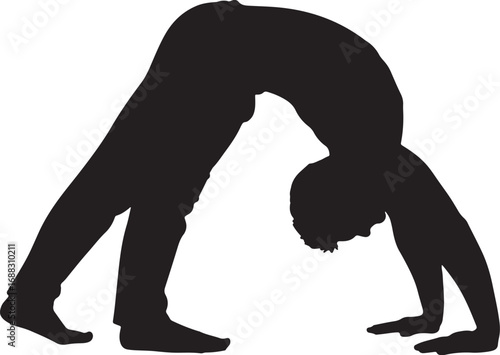 Black vector silhouette of a man in a yoga wheel or arch pose, a simple illustration of a deep backbend