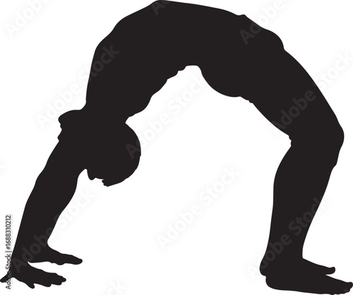 Vector silhouette of a person in a yoga wheel pose, representing strength, flexibility, and a healthy fitness lifestyle on a white background