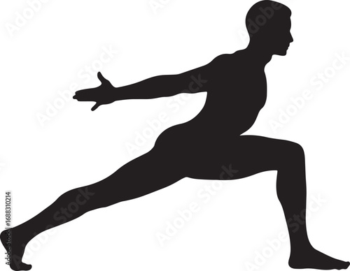 Male silhouette in a yoga pose, representing strength, balance, and flexibility, with an outstretched stance symbolizing warrior posture