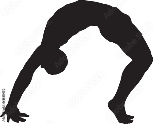 Black and white silhouette of a person doing a wheel yoga pose, isolated on a white background