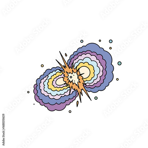 Colorful Pixelated Explosion Effect on White Background with Layers of Purple Blue and Yellow Hues Emitting Sparks