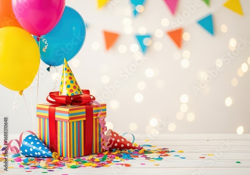 Birthday party celebration with colorful balloons, striped gift box with red ribbon, confetti, and party hats on white table. Festive decoration with bunting flags and glowing lights in background.
