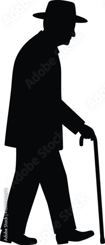 Silhouette of elderly man with cane walking hat vintage retro style vector