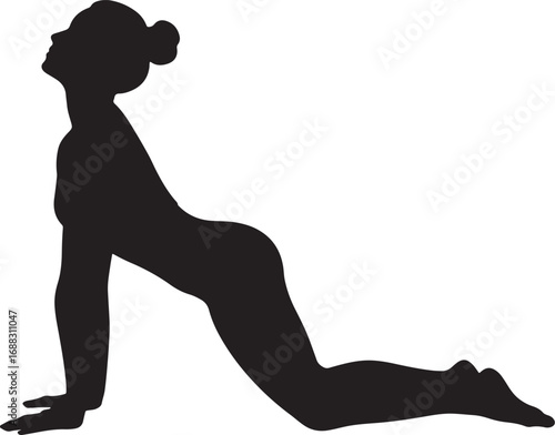 Vector silhouette of a woman in a yoga camel pose variation, representing flexibility, strength, and mindful fitness on a clean white background