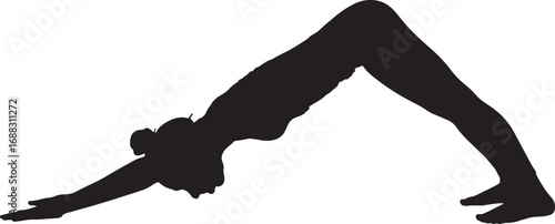 Woman's silhouette doing the Downward-Facing Dog yoga pose, representing health, strength, and flexibility, with a focus on mindful stretching and peace