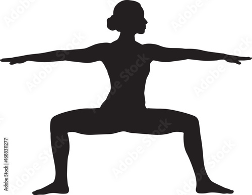 Yoga silhouette of a woman in the goddess pose, demonstrating strength, balance, and a powerful stance for health and wellness