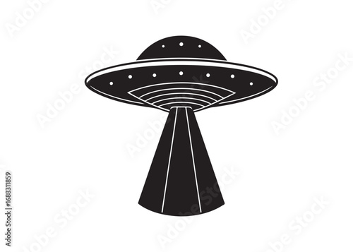 Flying saucer silhouette vector, UFO spaceship illustration with beam of light in black and white design.