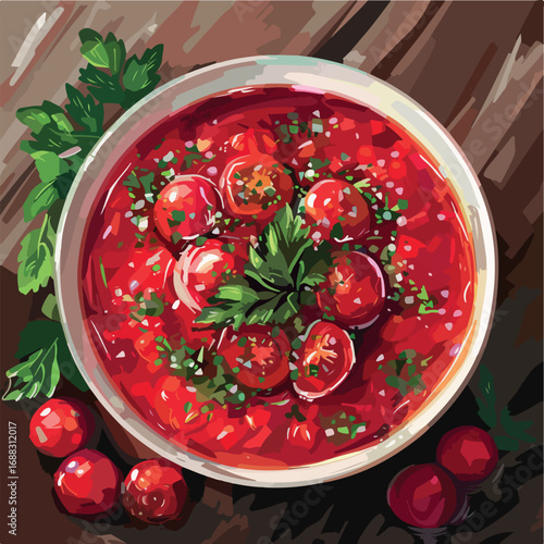soup, food, tomato, red, vegetable, bowl, dinner, vegetarian, dish, meal, healthy, sauce, borsch, fresh, white, lunch, plate, tomatoes, green, borscht, cuisine, delicious, gourmet, garlic, ketchup