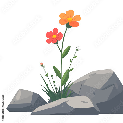 Orange and Red Flowers Growing Among Grey Rocks in a Pixel Art Style Illustration on a White Background for Creative Stock Use