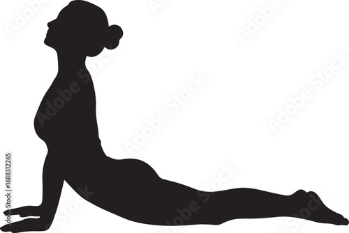 Vector silhouette of a woman in a yoga upward-facing dog pose, representing flexibility, strength, and mindful fitness on a clean white background