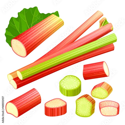 Colorful rhubarb stalks and slices