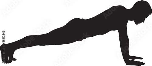  Black vector silhouette of a man holding a perfect plank pose during a core strength workout against a white background
