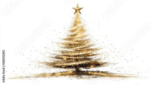Golden sparkling Christmas tree with glittering ornaments and twinkling lights, festive holiday decoration on transparent background, elegant modern design for seasonal celebrations