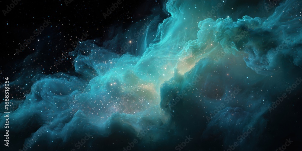 Fototapeta premium Deep space nebula with swirling turquoise clouds and scattered stars
