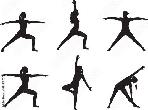A collection of female silhouettes performing various yoga poses, including Warrior, Tree, and Triangle, symbolizing wellness, exercise, and a healthy lifestyle
