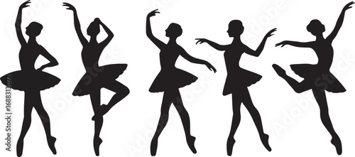 Vector art of silhouettes of five ballet dancers in various graceful poses, isolated on a, showcasing elegance and movement in classical dance