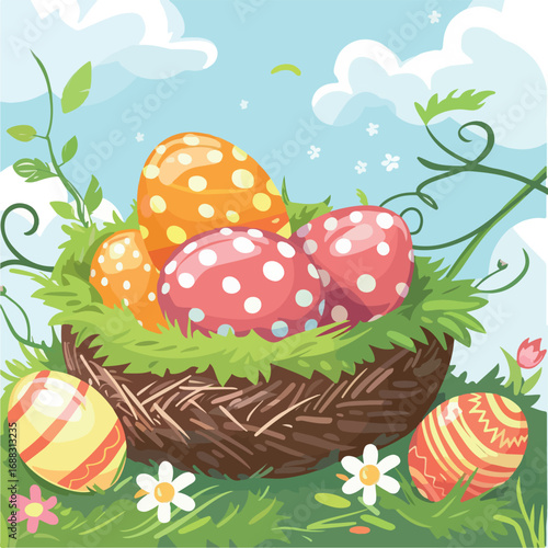 easter, egg, basket, holiday, spring, eggs, decoration, celebration, food, flower, vector, card, grass, season, illustration, gift, colorful, happy, design, color, green, yellow, nature, flowers, symb
