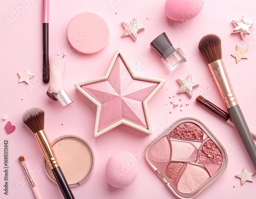 Flat lay of pink makeup products